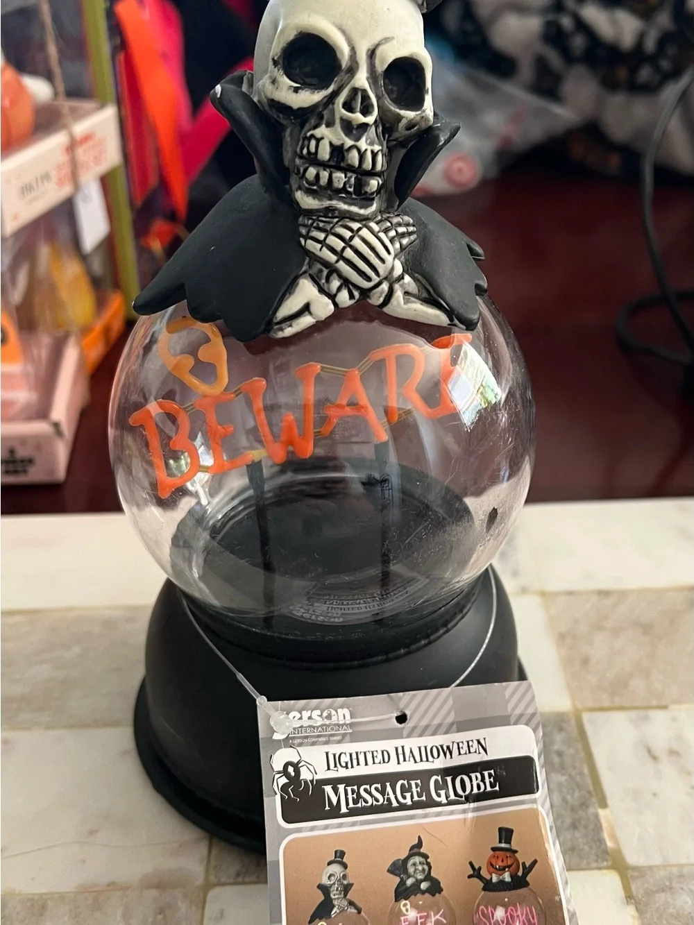 Black and Orange Halloween Message Globe with Skull Accent